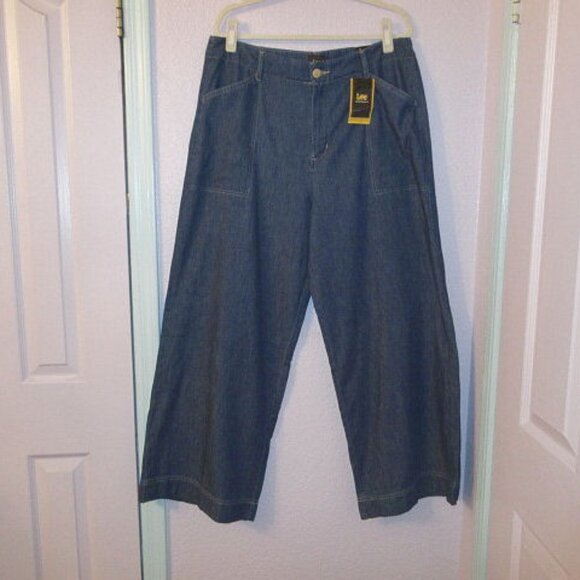 Lee Women's Wide Leg Trouser Jeans Size 16 Dark Wash High Rise Drapey 36x30 NWT - Picture 2 of 13